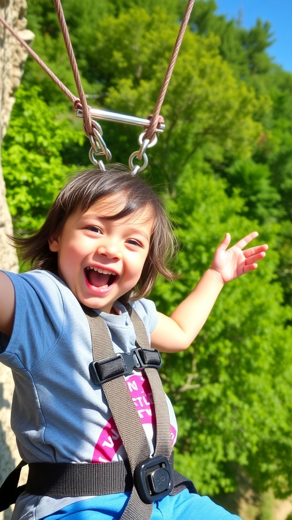 A happy child enjoying an outdoor adventure, like zip-lining, surrounded by nature.